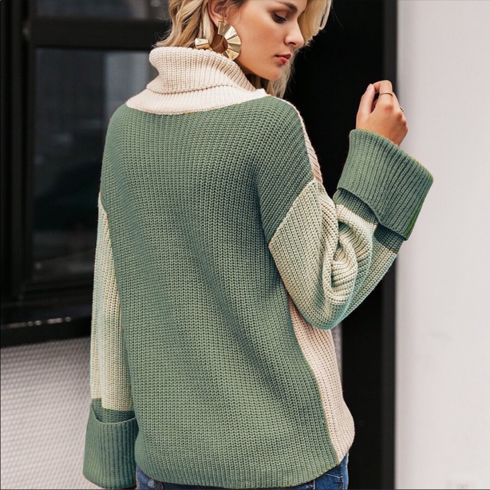 Color block turtleneck sweater- GREEN MIX - Picture 5 of 6